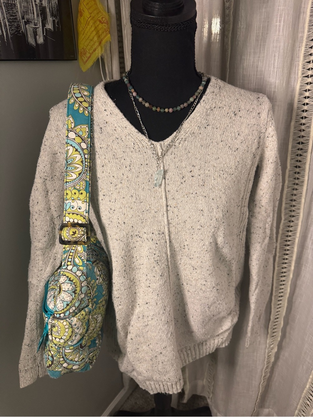 J. Jill Cream Speckled V-Neck Sweater, Cable Knit Style